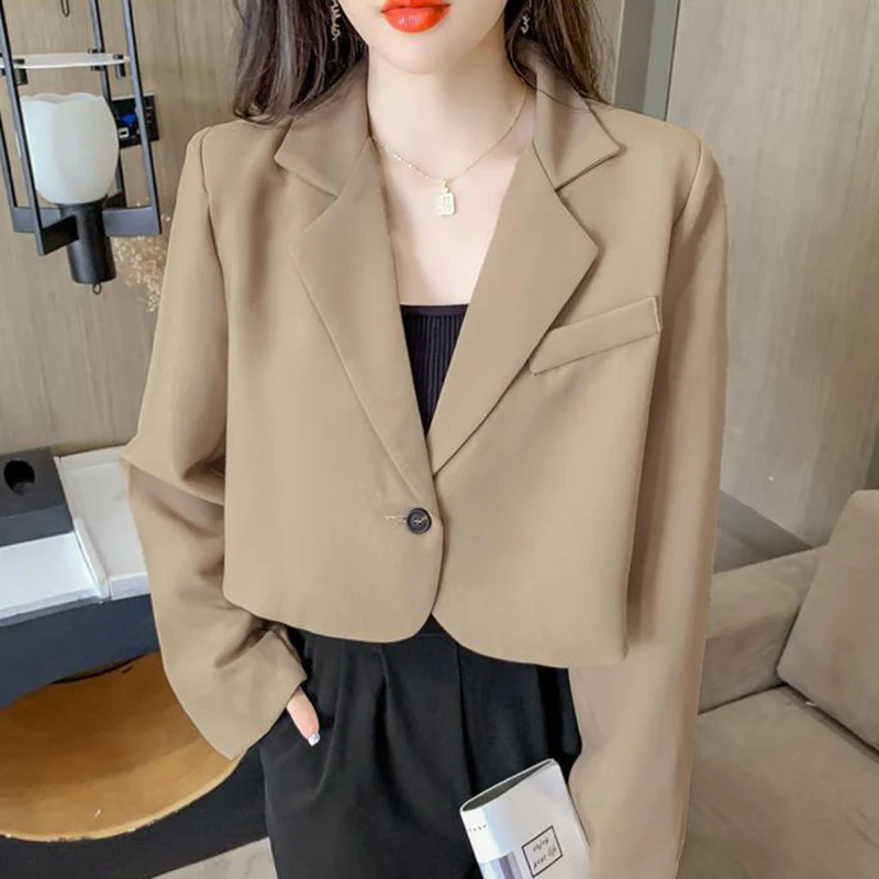 

Sleeve Blazers Single-button Solid Teens Long All-match Lucyever Office Women Cropped Suit Jacket Outwear Color Simple Korean