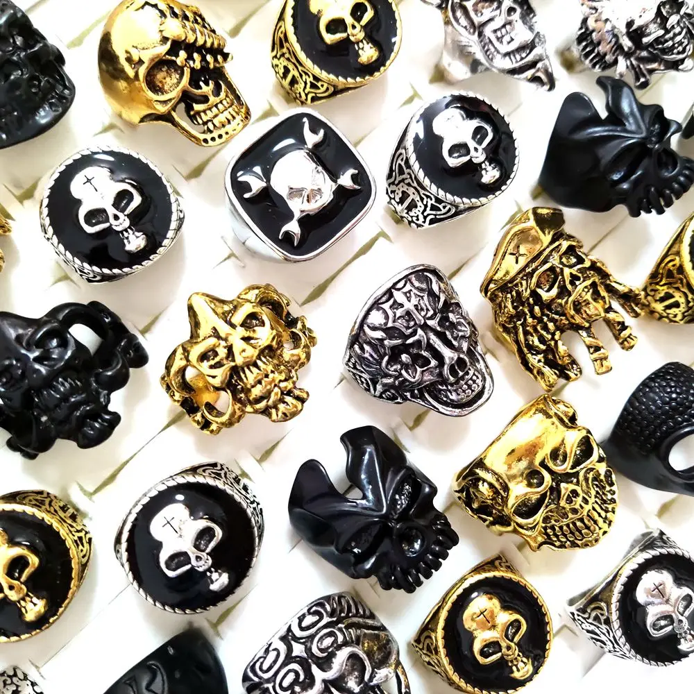 30pcs Big Head Exaggeration Punk Gothic Skull Metal Men Rings Skeleton Biker Rock Party Man Jewelry |