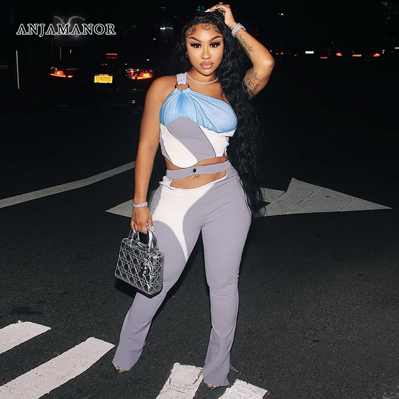 

ANJAMANOR Sexy Two Piece Set Colorblock Crop Top and Cut Out Flare Pants High Fashion Nightclub Outfit Matching Sets D85-FE29