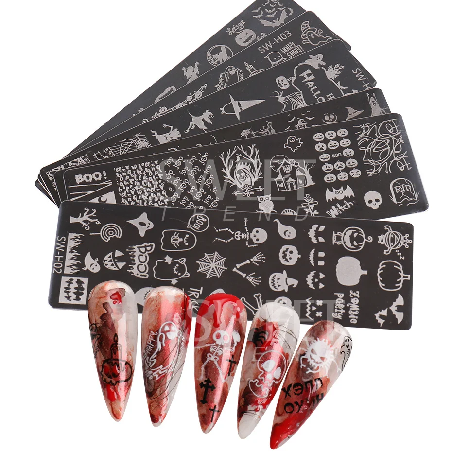 6PCS Nail Stamping Plate Set Halloween Festival Printing Template Mold Pumpkin Spider Polish Stencils Manicure Accecessory SASWH