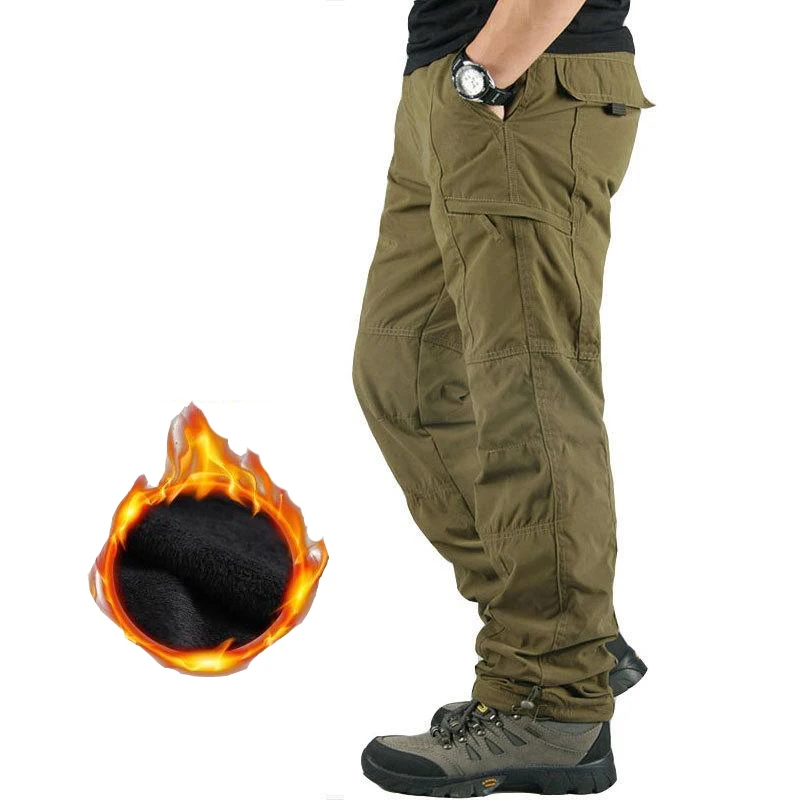 Men's Fleece Pants Overalls Winter Casual 3XL Cotton Multi-pocket Loose  Running Warm Thermal Tactical Jogger Military Trousers