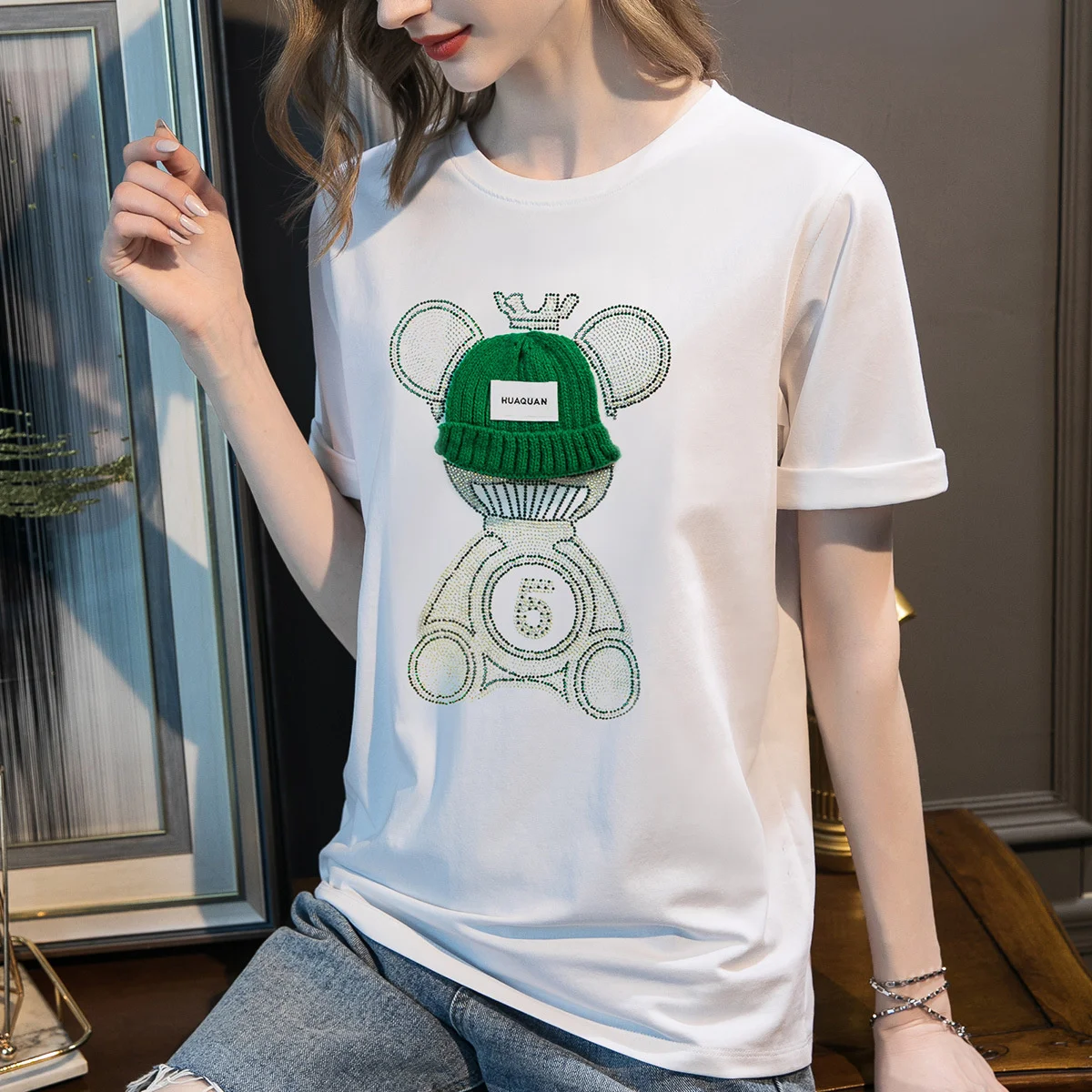 

2022 Summer New White Ice Cotton Loose Heavy Industry Short-sleeved T-shirt Women's Inner Print Hot Drill