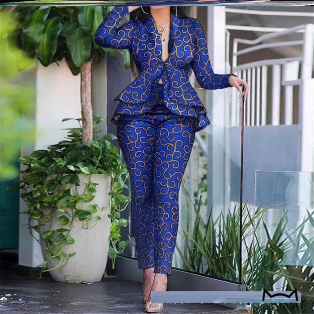 

Женский брючный костюм из двух предметов, синий костюм с оборками и принтом, осенне-весенний модный костюм с длинным рукавом
