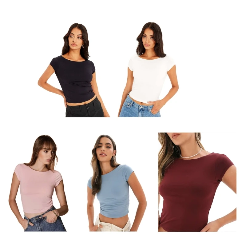 

Short Sleeve Sexy Backless Crop Top for Women O-Neck Solid Color Bodycon T-Shirt