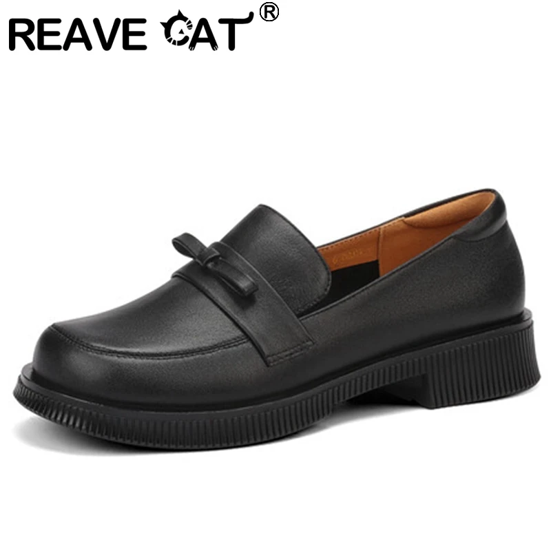 

REAVE CAT Full Grain Leather Women Flats Round Toe Thick Heels Slip-On Loafers Size 33-39 Solid Beige Black Leisure Spring S3574