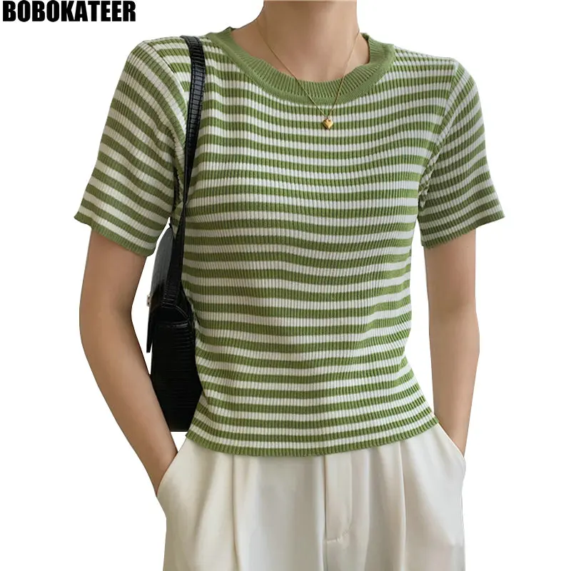 

Футболка BOBOKATTER для женщин, одежда, винтажные летние топы, полосатые трикотажные женские футболки, футболка с коротким рукавом, Повседневная...