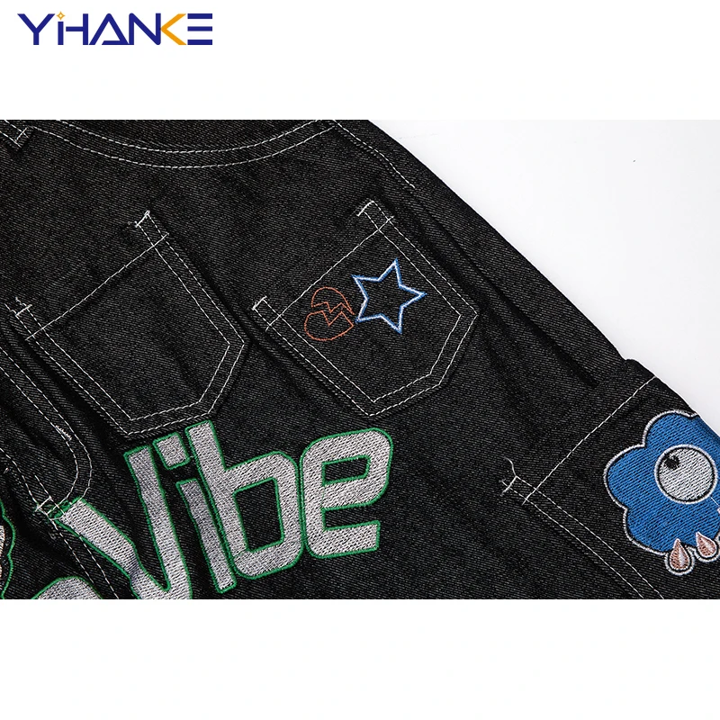 YHK Retro Pockets Letter Embroidery Vibe Style Casual Mens Denim Trousers Streetwear Straight Washed Loose Jeans Pants Oversized