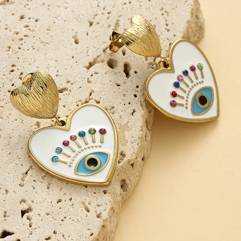 

Heart Shaped Devil Eye Dropping Oil Dangle Earrings for Women Bohemian Trendy Stainless Steel Colorful Zircon Inlay Stud Earring