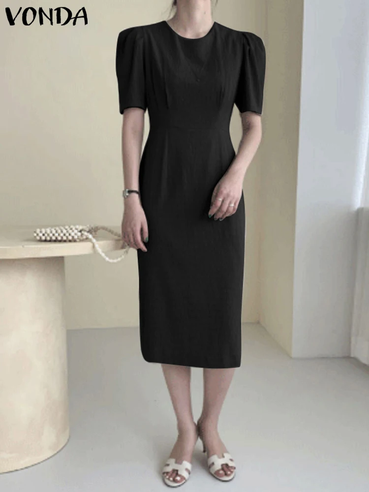 

Летнее элегантное платье VONDA 2023, однотонное женское Повседневное платье средней длины с круглым вырезом и открытой спиной, свободный плиссированный строгий сарафан с коротким рукавом