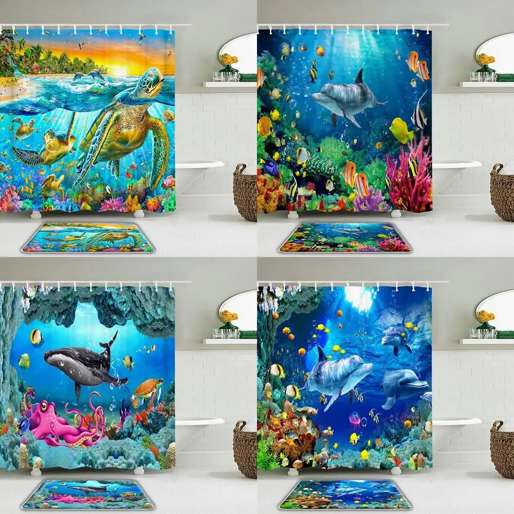 

Juego de cortina de ducha con estampado de delfín de mar para baño, juego de accesorios impermeables de poliéster y alfombrilla