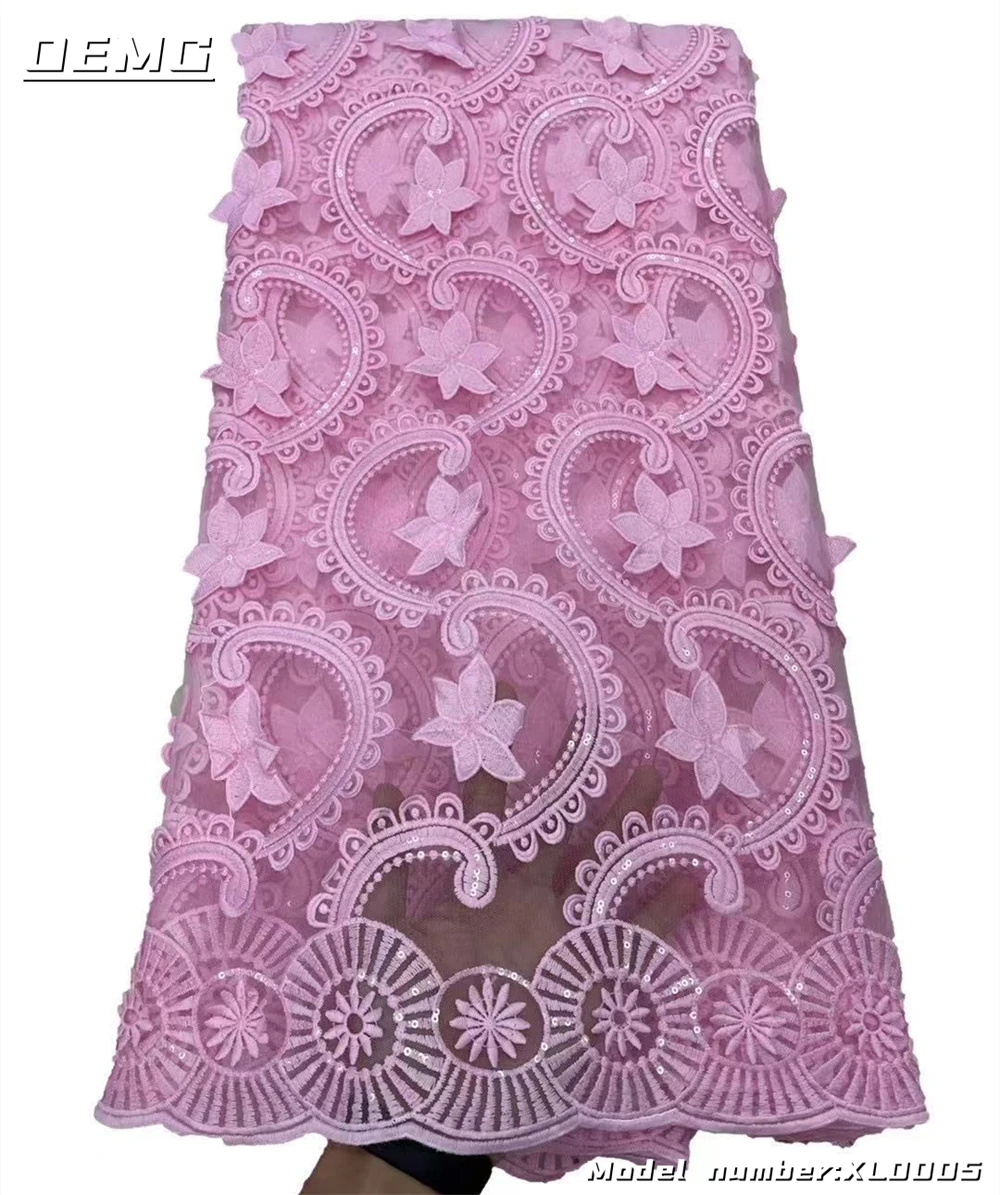 

OEMG Pink High Quality African Lace Fabric Guipure Cord Lace With Sequins Water Soluble For Festival Dress 5 Yards Sewing XL0005