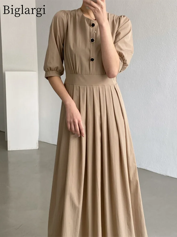 

Vintage Puff Sleeve Single Breasted Pleated Dress Summer High Waist Women Korean Casual Ladies Dresses Womens Long Dress 2022