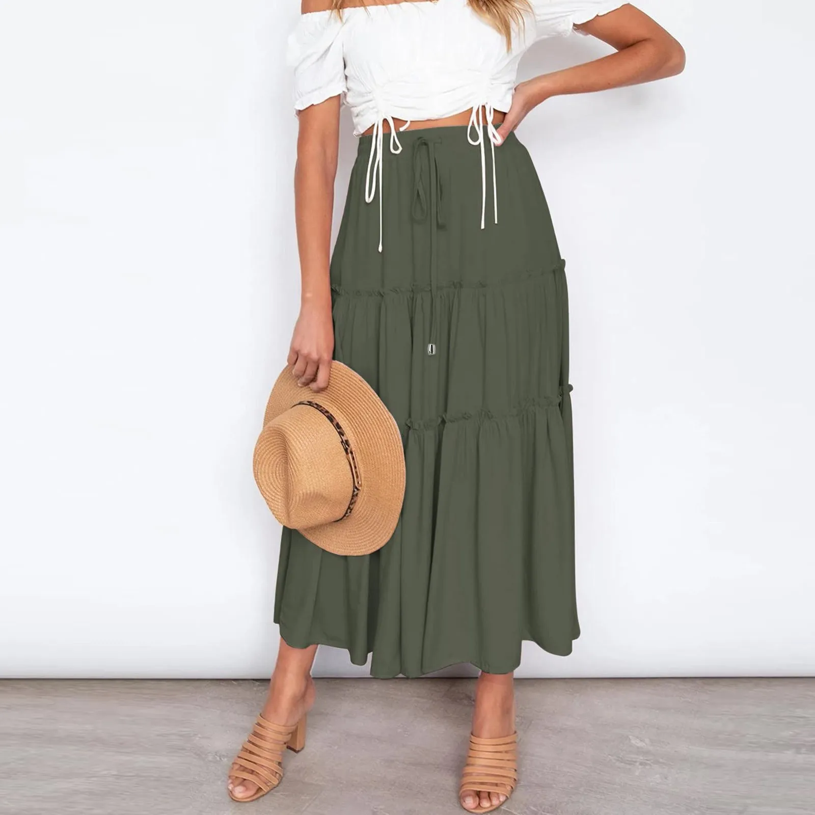 

2023 Fashion High Waist A-Line Long Skirt Women Solid Casual Beach Faldas Female Boho Elastic Waist Holiday Party Maxi Skirts