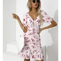 summer v neck puff short sleeve bohemia dress red floral print casual beach dress sexy ruffled pleated slim lace up mini dress