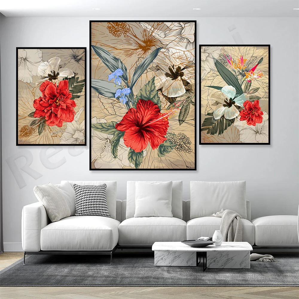 

Hibiscus print, vintage hawaiian botanical poster, hibiscus flower illustration, exotic floral flower wall aesthetic decoration