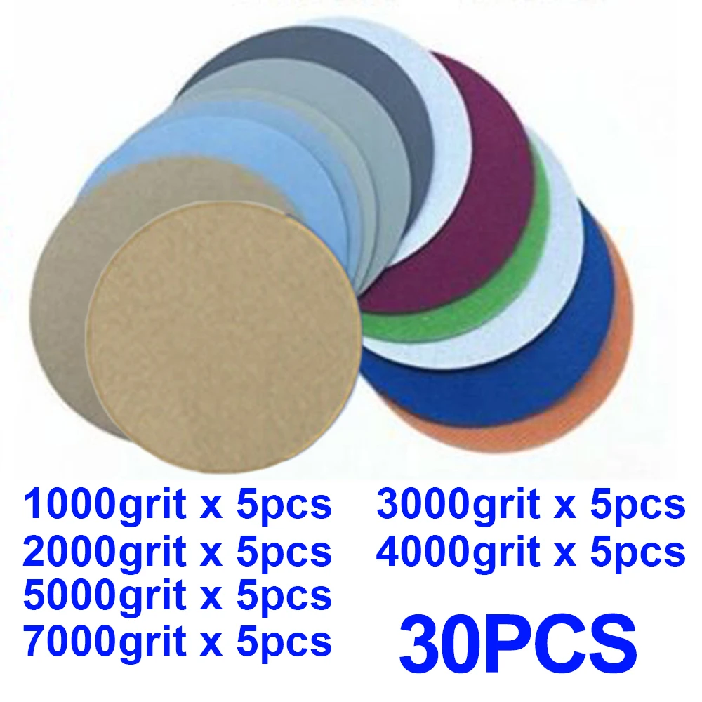 

30Pcs Disc Water Sand 3inch Sanding Discs 1000/2000/3000/4000/5000/7000 Grit Wet & Dry Sandpaper Back Flocking Sandpaper