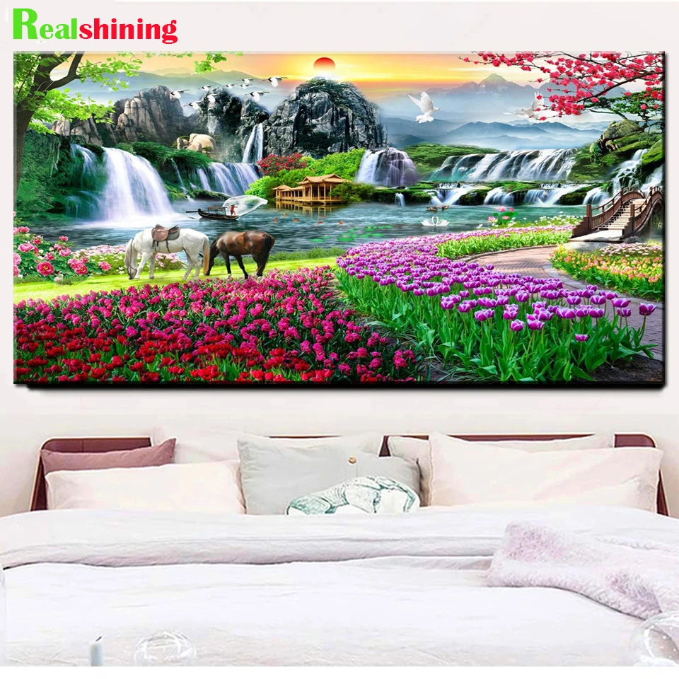 Large 5D DIY Diamond Embroidery Tulip Horse Mountain Landscape Mosaic Feng shui Flowers Natural Scenery Diamond Painting J514