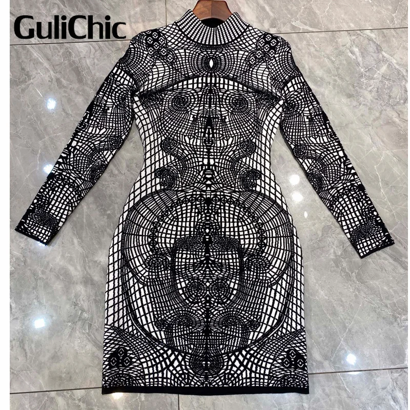 

Женское облегающее трикотажное мини-платье GuliChic, жаккардовое платье с геометрическим узором, воротником-стойкой, длинным рукавом и молнией сзади, 8,29