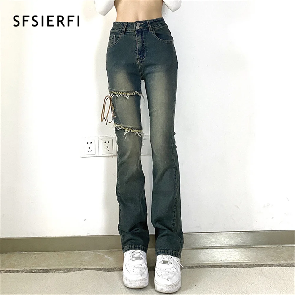 

SFSIERF Streetwear Vintage y2k Pants Korean Fashion High Waist Bandage y2k Jeans Casual Denim Pencil Pants Spring 2022 Womens