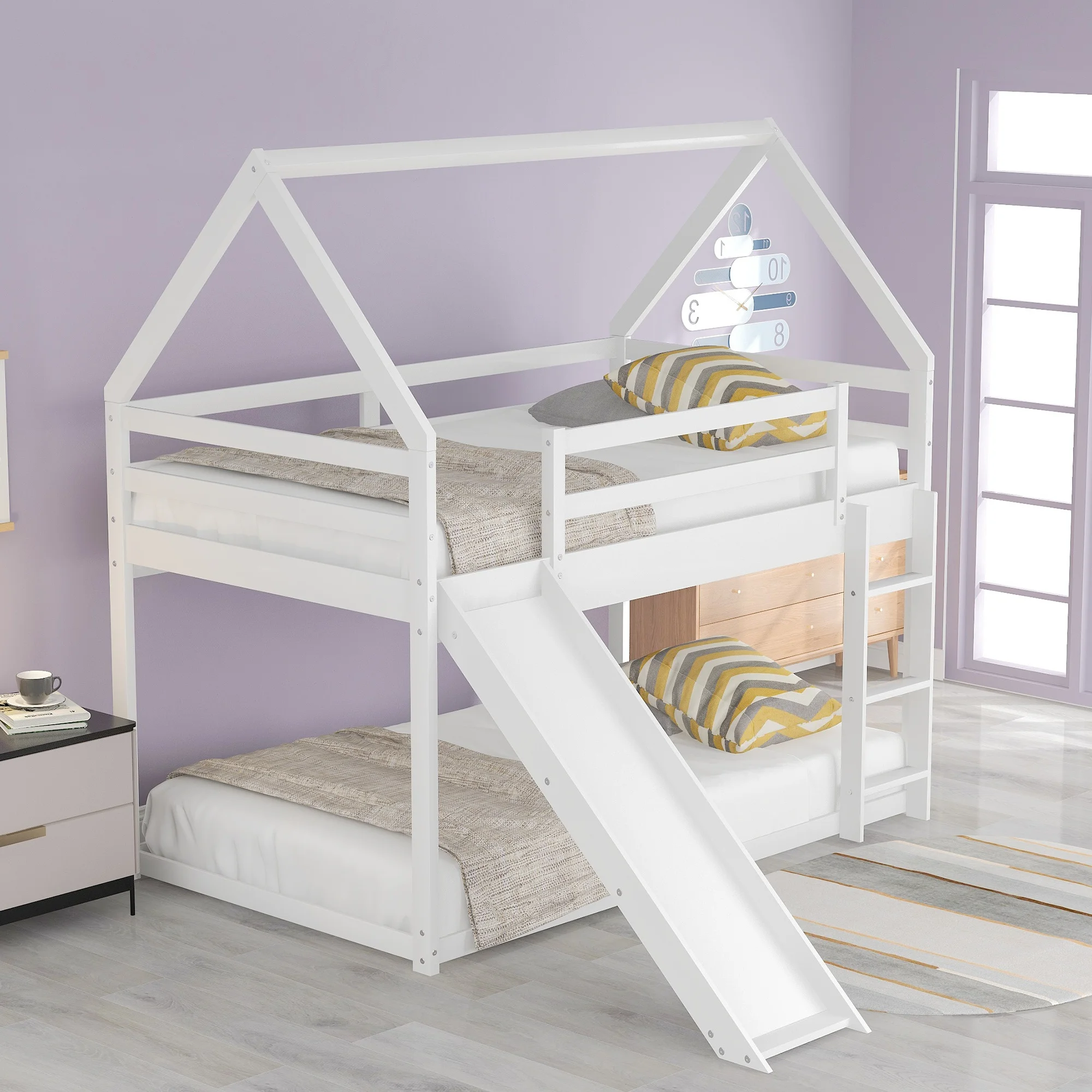 

Twin Size Bunk House Bed With Slide And Ladder White Home Modern And Minimalist Furniture Bedroom Furniture Beds Frames Bases