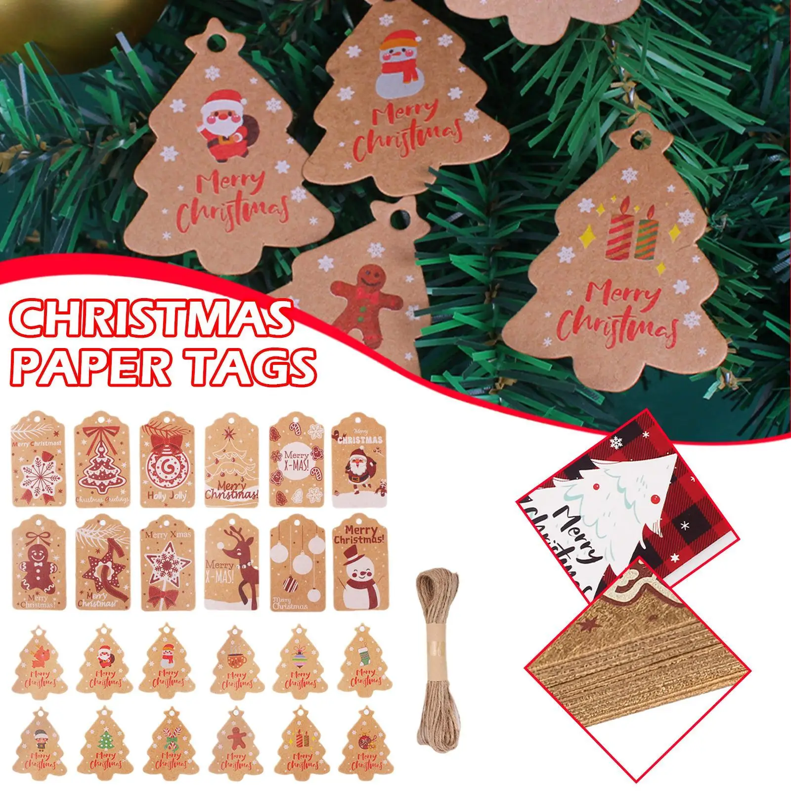 

Merry Christmas Gift Tags With Strings Xmas Decor Printed Paper Cards Labels 2022 Christmas Decoration Packaging Supplies NEW