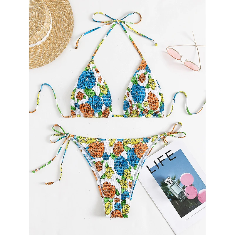 

Women's Sling Neck Triangle Bikini Two Piece Set Colour Flower Printing Pleated Halter Side Tie String Sexy Bathing Suit