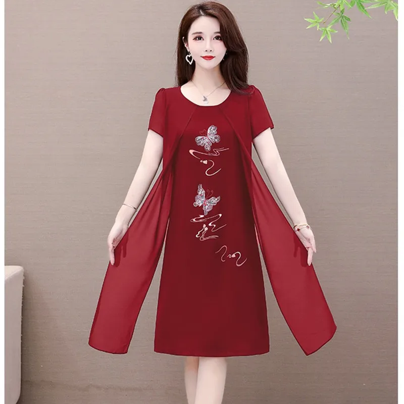 

Элегантное летнее платье для мамы корейская мода имитация двух частей шифоновое платье пуловер с круглым вырезом женское свободное платье ...