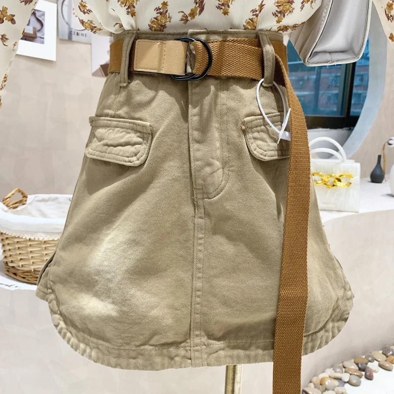 

Niche Design New Women's Clothing 2022 Summer Autumn Personalized Solid Color Pocket Denim A-line Skirt With Belt