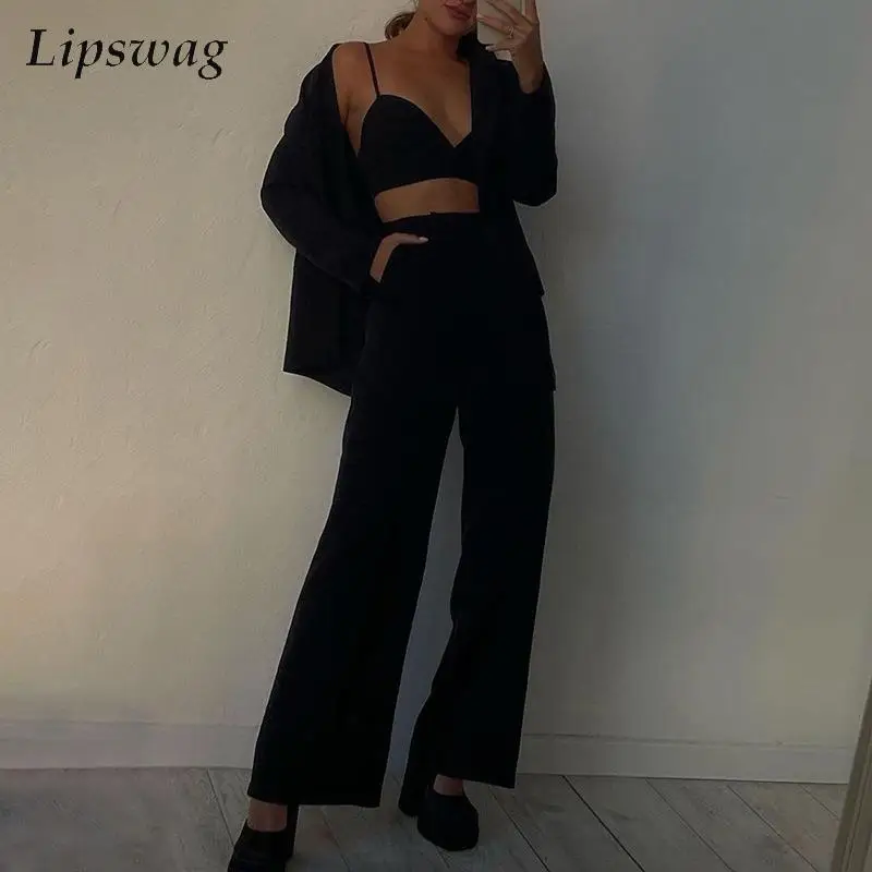 

Fashion Women Satin Suit Three Piece Set Long Sleeve Tie-up Blazer+Bra Tops+Wide Leg Pants Outfits Office Lady Solid Casual Sets