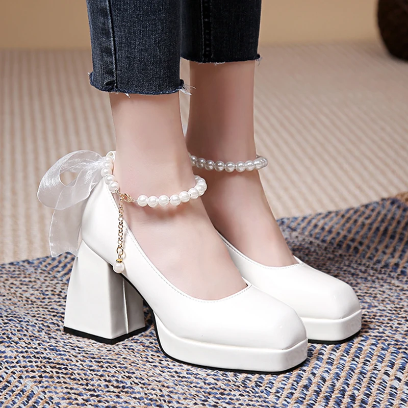 

Женские дизайнерские туфли на высоком каблуке, босоножки на цепочке в стиле "Лолита", модные классические туфли-лодочки на массивном каблук...