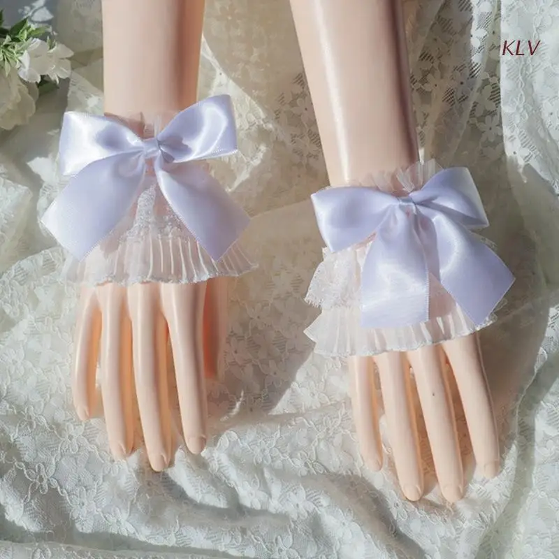 

Cosplay Maid Pleated Flared Sleeve False Cuffs with Bowknot Decors Decorative Detachable Wrist Woman Clothing Accessory
