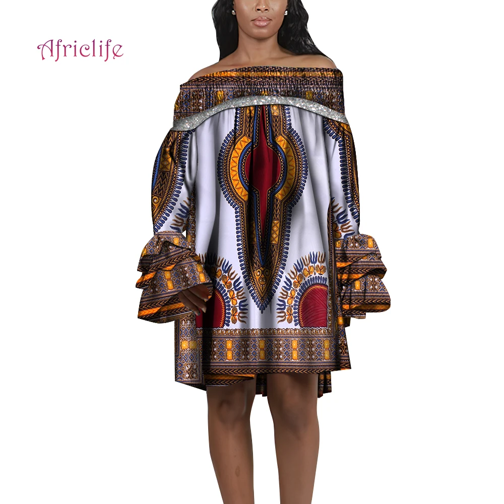 African Dresses for Women Off Shoulder Slash Neck Full Sleeve Knee-Length Daily Evening Birthday Party Pleated Clothing WY9554