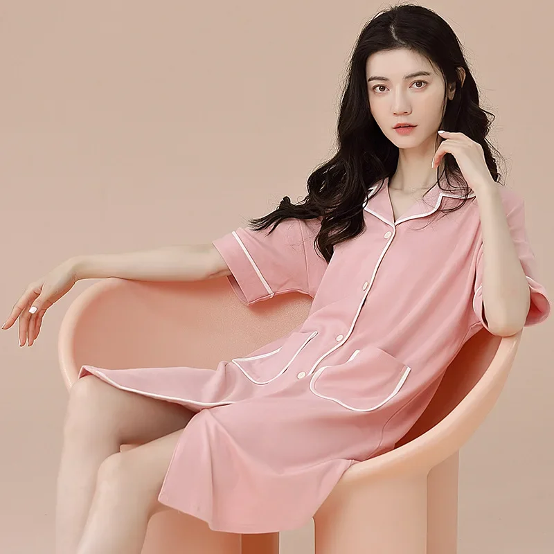 Летняя хлопковая ночная рубашка женский кардиган с короткими рукавами платье