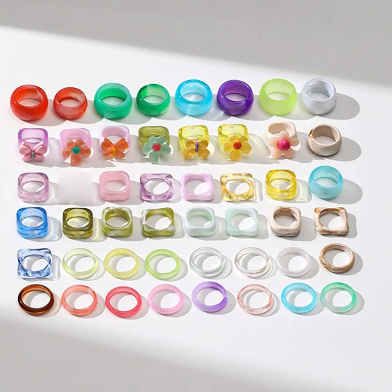 

3-15Pcs/Set 2023 Korean Ins Resin Acrylic Rings Fashion Colorful Geometric Round Square Finger Ring for Women Girl Daily Jewelry