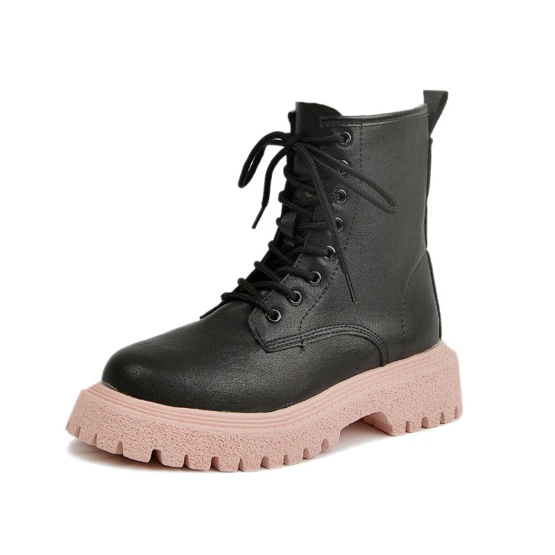 

2021 Genuine Leather Boots Women Thick Bottom Round Toe Chelsea Boots Women Platform Shoes Lace Up Shoes Women