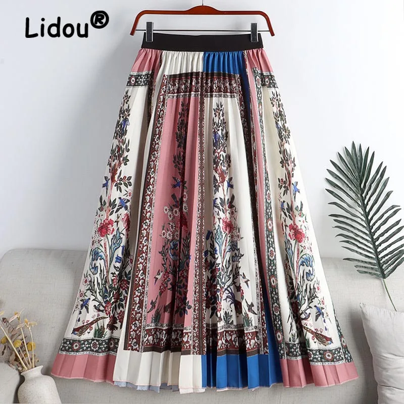 Summer Women's Literary And Artistic Retro Pleated Printed Skirts With Contrast Stitching Large Swing High Waist A-line Skirt