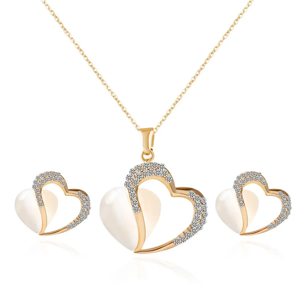 

Ladies Jewelry Set 2 Piece Romantic Crystal Opal Opal Heart Pendant Jewelry Set Ladies Gold Chain Wedding Jewelry Wholesale