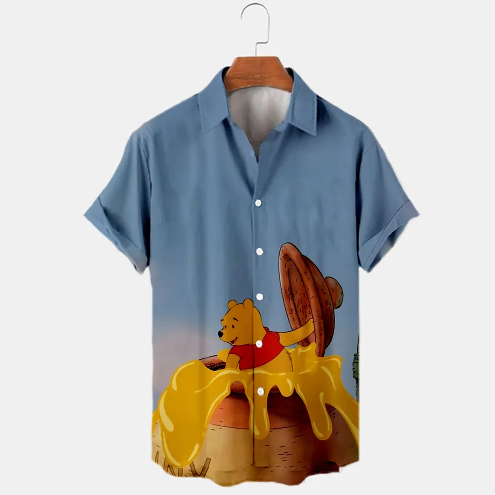 

Summer New Men's Disney Donald Duck Winnie the Pooh Cartoon Casual Shirt 3D Printed Short Sleeve Lapel Shirt Slim Fit Men's Top