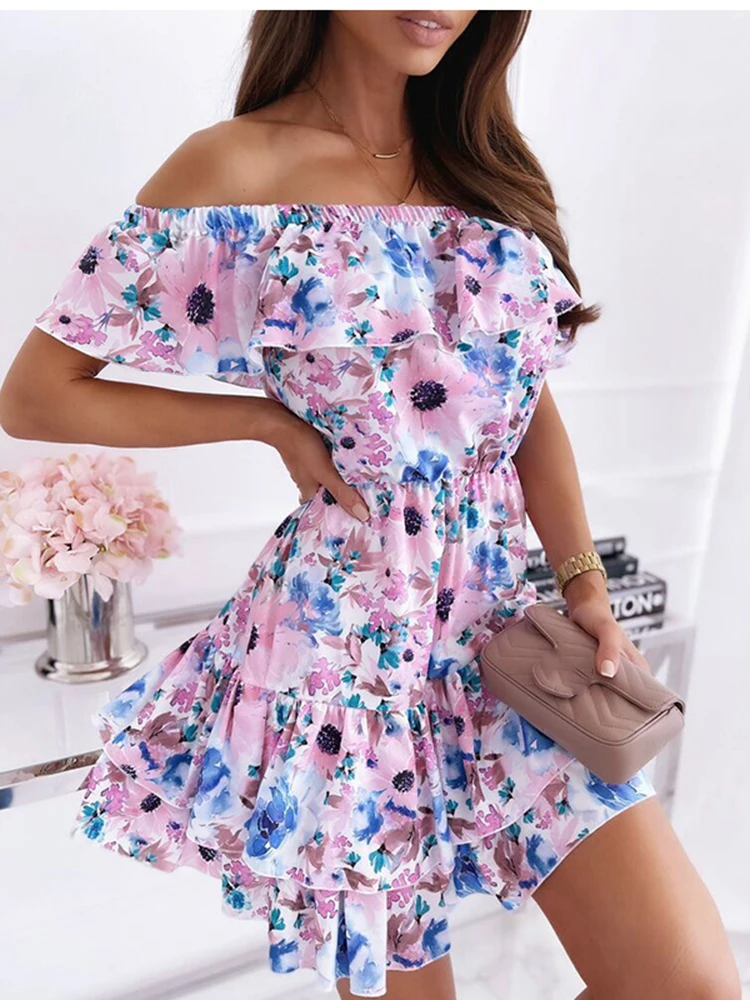 Купи Summer Boho Dress Woman Fashion Sexy Slash Neck Off Shoulder Floral Beach Dresses Mini Ruffles Sweet Party Dress Robe Femme за 1,019 рублей в магазине AliExpress