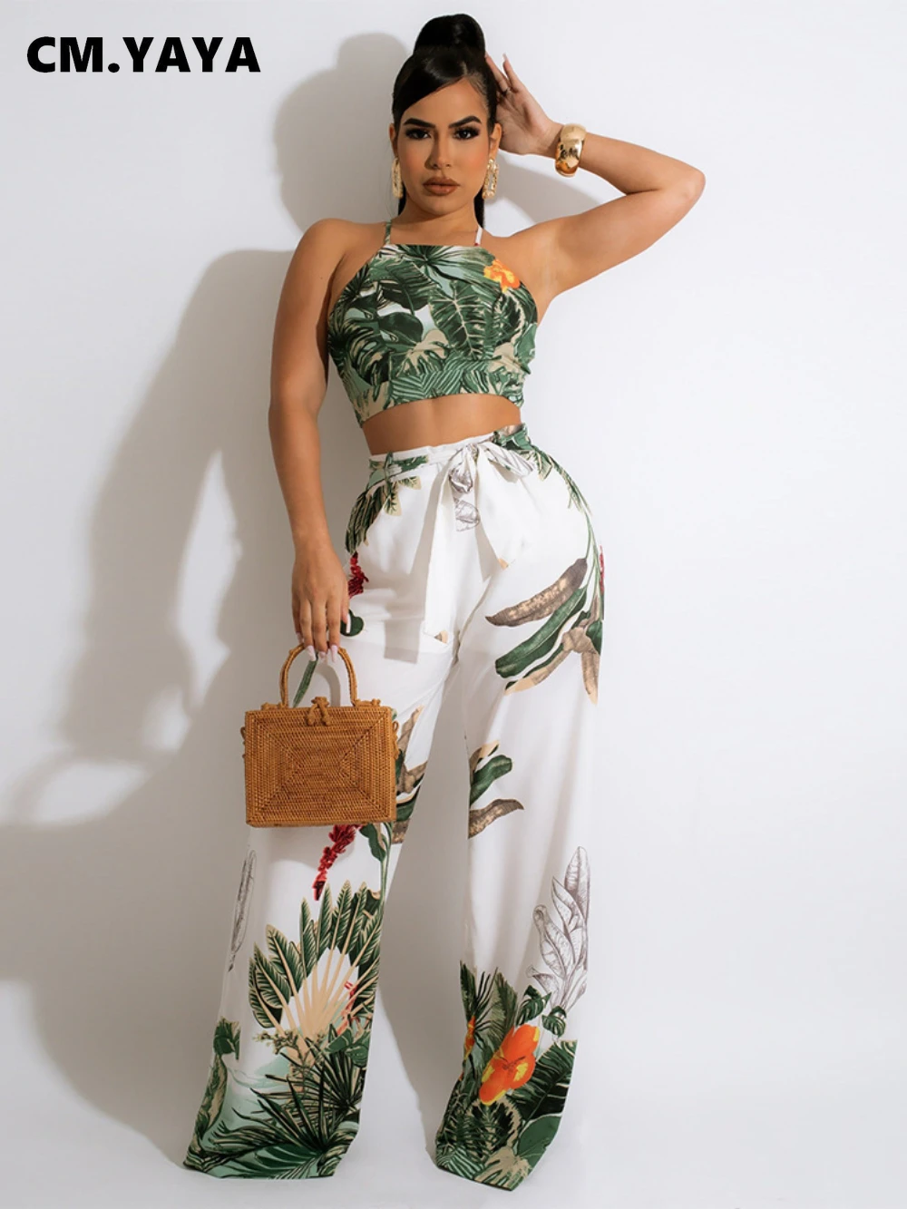 

Женский спортивный костюм CM.YAYA, пляжный комплект из двух предметов, топ с воротником «халтер» и прямые штаны, в стиле бохо