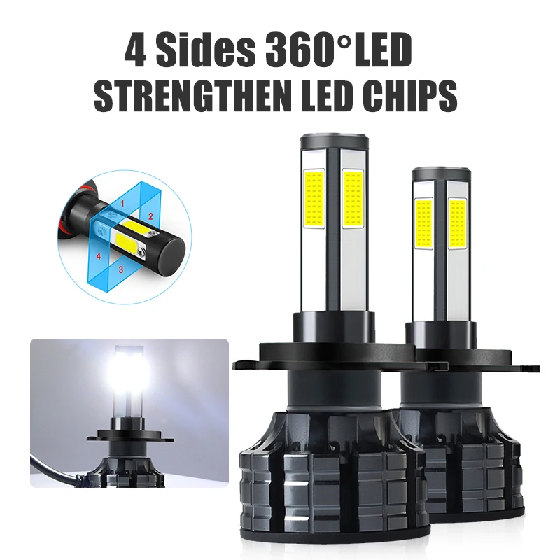 

H4 LED Car Headlights 12V Canbus HeadLamp 50W 6000K 4 Sided Motorcycles 2Bulbs Kit 20000LM Super Bright Easy Install Longer Life