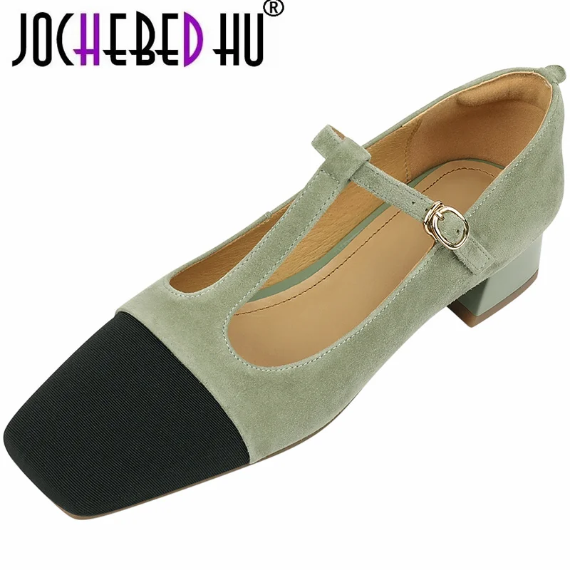 【JOCHEBED HU】Retro Women Pumps Spring Summer Casual Office Ladies Square Toe Square Heels Genuine Leather Shoes Mature 33-40