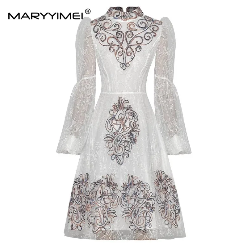 

MARYYIMEI Autumn Women's dress Standing collar see-through Long sleeved Bright Line Decoration Slim Vintage Elegant Mesh Dresses