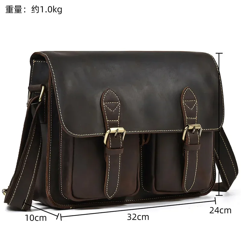 

Business briefcase men's crazy horse leather top layer cowhide crossbody bag genuine leather flap shoulder bag