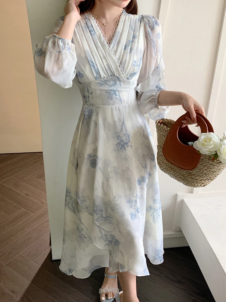 

Vintage Elegant Fashion V-Neck Midi Dresses 2023 New Summer Floral Printed Chiffon High Waist A-Line Party Dress Vestidos