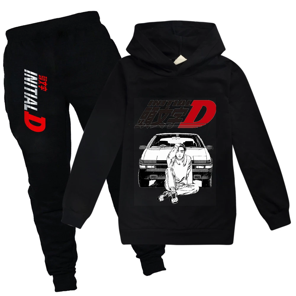 Initial D Hoodie Kids Japanese Anime Autumn Spring Sweatshirt Girls/Boys Graphic Clothing Set Long Sleeve Suit Casual Tops 2-15Y