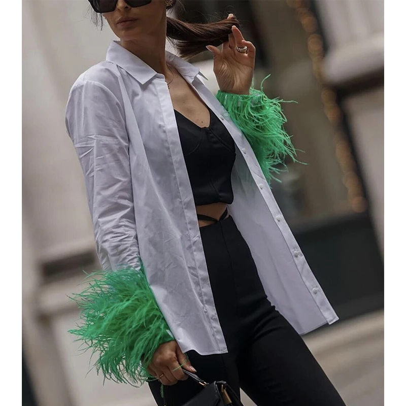 2022 элегантные модные шикарные белые женские рубашки с пушистыми перьями