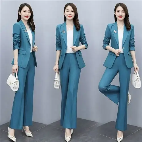 

Women's Fashion Professional Suit 2023 Spring Autumn New Suit Jacket+Micro Flared Pants Two-piece Set Korean Chic Blazers Sets