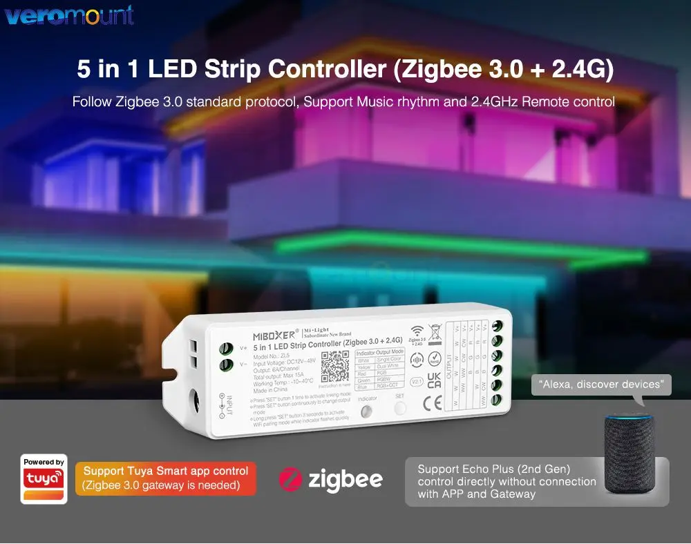 MiBoxer ZL5 DC12-48V Контроллер светодиодных лент 5 в 1 Zigbee 3.0 + 2 4G RF Поддержка музыкального