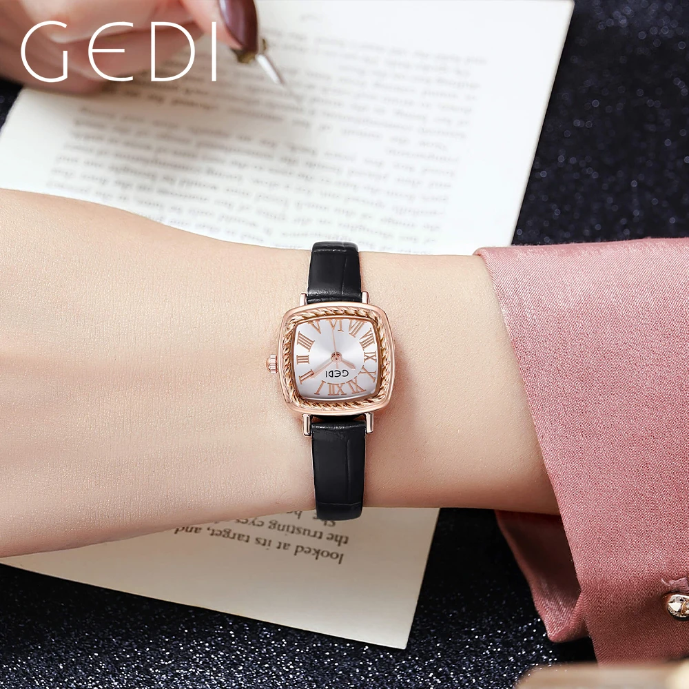 GEDI Retro Small Watch for Women Luxury Brand Leather Strap Roman Dial Waterproof Ultra-thin Ladies Watches Vintage Female Clock